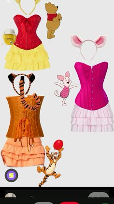 there are many different types of costumes on this cell phone screen, including winnie the pooh and tigger