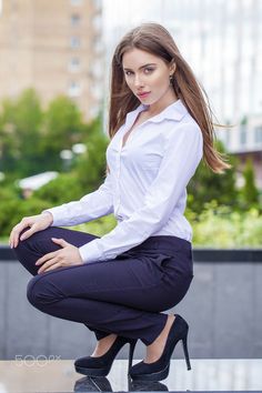 Portrait in full length, young business woman in white shirt on summer street city Princess Cowgirl, White Summer Shirt, Formal Clothing, Woman In White, Bright Fashion, Summer Street