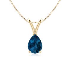 Suspended from a lustrous V bale is a vibrant pear-shaped London blue topaz. It is held in a three prong setting with a V prong securing the tapering tip. Crafted in 14k yellow gold, this classic solitaire London blue topaz pendant allures with its pleasing hue. Blue Topaz Pendant, Topaz Pendant, Topaz Necklace, Solitaire Pendant, Pendant Design, London Blue Topaz, London Blue, 18k Rose Gold, Pear Shaped