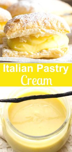 an italian pastry cream is in the foreground and on the right there are two pastries