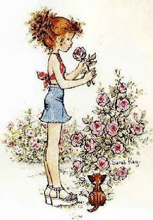 a drawing of a girl holding flowers next to a cat and a vase with roses