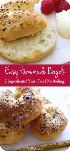 homemade bagels with poppy seed sprinkles on top and the text easy homemade bagels 2 ingredients yeast free no boiling