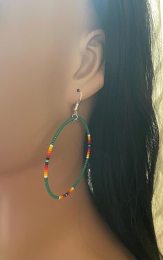 Native American style beaded hoop earrings  2.5" Hunter Green   gift box included for gift giving   Cherokee ancestry  made in Tennessee    Sterling silver wires first quality glass czech seed beads size 11/0.    I guarantee all of my beaded earrings or your money back Cherokee Beaded Earrings, Green Gift, Native American Style, Native American Fashion, Green Gifts, Beaded Hoop Earrings, Beaded Hoops, Jewelry Earrings Hoops, Hunter Green