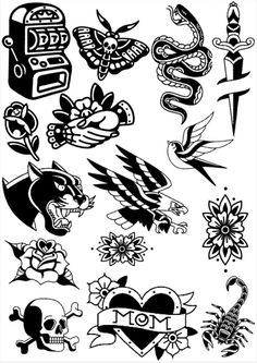 an assortment of tattoo designs on a white background