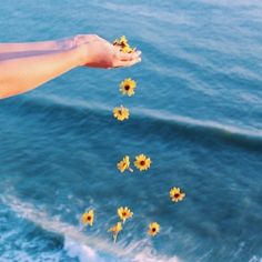 a woman's hand reaching out towards flowers floating in the air over blue water