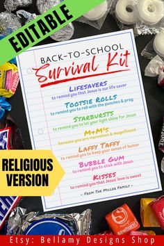 the back to school survival kit is shown with candy