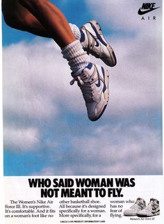 an advertisement for the nike air force sneaker, with a woman in mid air