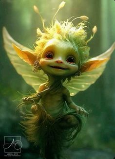 an adorable little green fairy with yellow wings