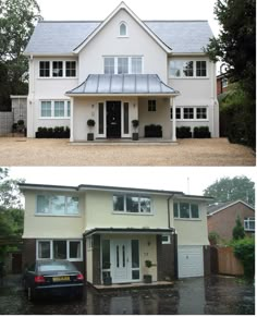 before and after shots of a house in the rain