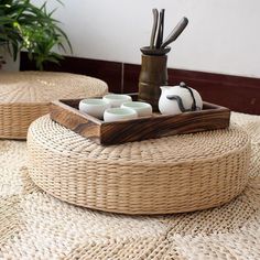 Straw Floor Pouf, Meditation Cushion - - Round Chair Cushions, Deco Zen, Bantal Sofa, Meditation Room Decor, Meditation Mat, Zen Room, Restaurant Seating, Floor Sitting, Floor Pouf