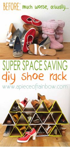 a pair of shoes are stacked on top of each other with the words super space saving diy shoe rack