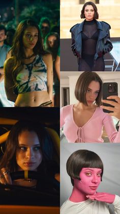 four different pictures of women in the same outfit and one is taking a selfie