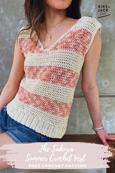 a woman sitting on top of a wooden bench wearing a crochet tank top