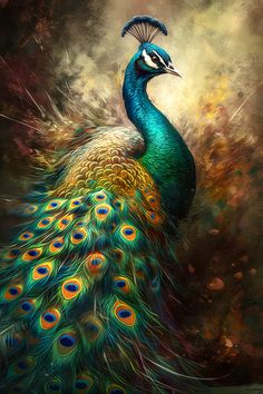 a painting of a peacock with feathers spread out