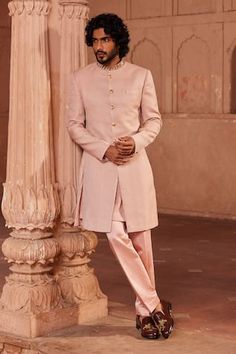 Pink sherwani with geometric woven motifs and cutdana embroidered collar. Paired with kurta and pant. - Aza Fashions Pink Sherwani, Rhea Kapoor, Genelia D'souza, Sherwani For Men, Rohit Bal, Embroidered Collars, Disha Patani, Jacqueline Fernandez, Pink Silk