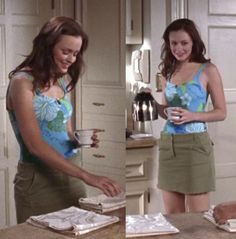 two pictures of a woman standing in front of a counter with food and drinks on it