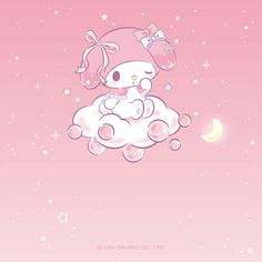 hello kitty sitting on top of a cloud in the sky with stars and moon behind it