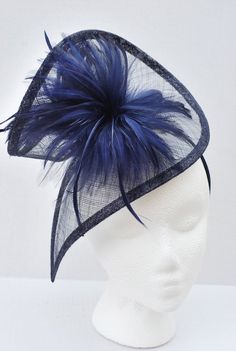 Navy Blue Fascinator, Womens Tea Party Hat, Church Hat, Wedding Hat, Church Fascinator, Derby Hat, Kentucky Derby Hat, English Hat, Gatsby Style Feather Fascinator For Party, Fitted Party Hats With Feather Trim, Gatsby Style Party Fascinator With Feathers, Fitted Feather Trim Top Hat For Party, Ostrich Feather Fascinator For Royal Ascot Party, Fitted Party Hats With Ostrich Feathers, Short Brim Costume Hats With Feather Trim For Party, Evening Headband Hat With Feather Trim, Adjustable Mini Hat With Feathers For Royal Ascot