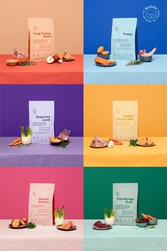 four different colored images with food items on the same color tablecloth and in each photo there is a paper bag