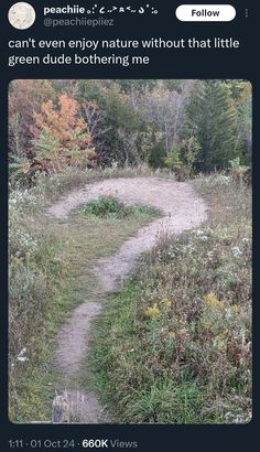 an image of a path in the woods with text that reads, can't even enjoy nature without that little green dude bothered