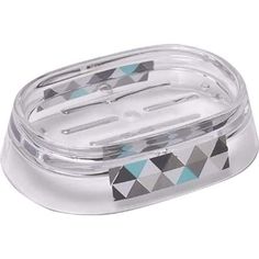 a clear plastic container with geometric designs on the lid and two compartments for food storage