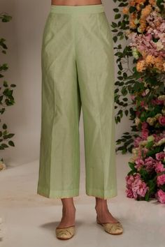 Pista green a-line kurta featuring dhoti and resham embroidery in floral pattern. Paired with a pant and scallop hem sheer dupatta. - Aza Fashions Sheer Dupatta, Resham Embroidery, Pista Green, Kurta Pant Set, Women Kurta, A Line Kurta, Scallop Hem, Straight Kurta, Kurta With Pants