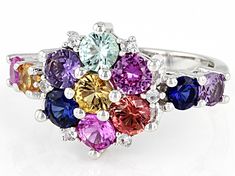 Pre-Owned  .71ctw Pink, .46ctw Yellow, .43ctw Blue, .43ctw Purple, .26ct Orange, .26ctw Green And .08ctw White Round Lab Created Sapphire Rhodium Over Sterling Silver Ring. Measures Approximately .85"L x .54"W. Not Sizeable. Color & Pattern Will Vary..  This product may be a customer return, vendor sample, or on-air display and is not in its originally manufactured condition.  It may not be new.  In some instances, these items are repackaged by JTV. Multicolor Brilliant Cut Sapphire Ring For Formal Occasions, Multicolor Sapphire Multi-stone Ring, Multicolor Multi-stone Sapphire Ring, Multicolor Brilliant Cut Sapphire Diamond Ring, Multicolor Sapphire Ring In Fine Jewelry Style, Multicolor Sapphire Ring With Prong Setting For Formal Occasions, Formal Multicolor Sapphire Ring With Prong Setting, Multicolor Sapphire Ring With Brilliant Cut, Multicolor Brilliant Cut Round Sapphire Ring