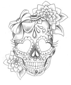 a drawing of a skull with flowers on it's head and hearts in the middle