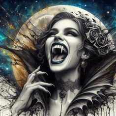 a woman with her mouth open and fangs out in front of a moon filled sky