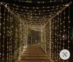 an outdoor walkway covered in fairy lights