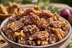 a bowl full of pecans sitting on top of a table next to other food