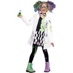 a woman dressed as a clown holding a bottle and wearing green boots with purple hair