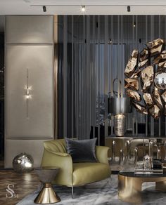 an elegant living room with modern furniture and decor in gold, grey and black colors