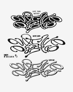 three different type of lettering that are black and white, one has the word love on it