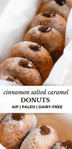 cinnamon salted caramel donuts in a white paper bag with text overlay