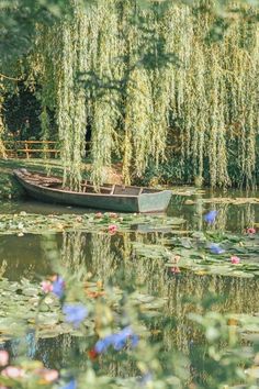 a boat floating on top of a body of water surrounded by lily pads and willow trees