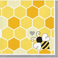 a yellow and gray honeycomb with a bee on it's side, surrounded by hearts