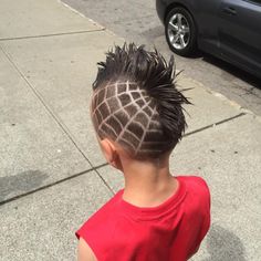 Spider web hair boy’s barber Rock Star Hair For Kids Boys, Spider Man Haircut, Boys Haircut Mohawk, Spikey Mohawk, Spider Web Haircut, Mohawk For Boys, Spiderman Haircut, Kids Mullet Haircut