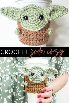 crochet yoda cosy with coffee cup cozy