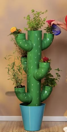 a woman standing next to a tall green cactus plant in a blue pot with flowers on it