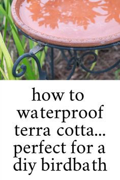 a birdbath sitting on top of a metal stand in the grass with text overlay reading how to waterproof terra cota perfect for a diy birdbath