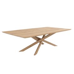 a wooden table with two crossed legs and a square top on an isolated white background