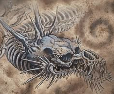 a drawing of a fish skeleton with spikes on it's head