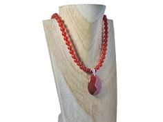 unique handmade red carnelian statement necklace with a 40mm faceted matching teardrop pendant bead Zodiac Birthstones, Red Beaded Necklace, Red Beaded Necklaces, Red Carnelian, Chunky Statement Necklace, Carnelian Pendant, Sterling Silver Jewelry Handmade, Professional Jewelry