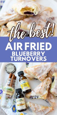 the best air fried blueberry turnoverers are on display in front of some bottles