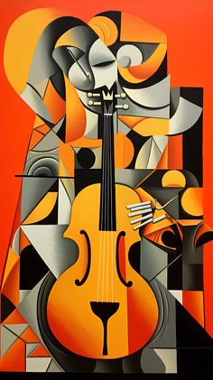 an abstract painting with a violin and music instruments