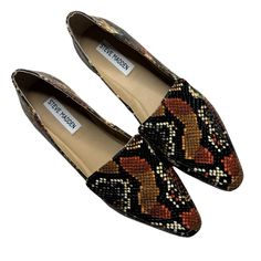 Steve Madden Women's Flats Slip On Loafers Faux Snakeskin Gemmy Shoes Size 8 Padded Footbed Nwot Trendy Brown Slip-on Flats, Brown Pointed Toe Synthetic Loafers, Brown Synthetic Pointed Toe Loafers, Brown Synthetic Loafers With Flat Heel, Fall Synthetic Flat Loafers, Brown Pointed Toe Flats For Fall, Synthetic Closed Toe Flats For Fall, Fall Closed Toe Synthetic Flats, Fall Synthetic Pointed Toe Flats