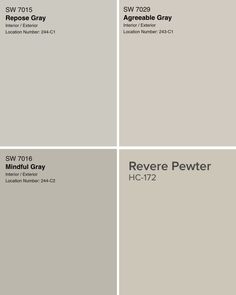 four different shades of gray paint with the names and colors on each one, which are labeled