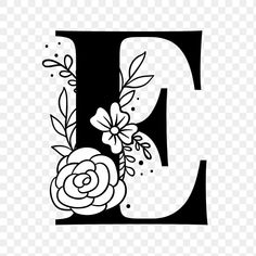 the letter d is decorated with flowers and leaves black and white font, hd png