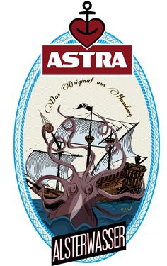 the logo for astra alesterwasser, an alcoholic beverage with octopus and ship